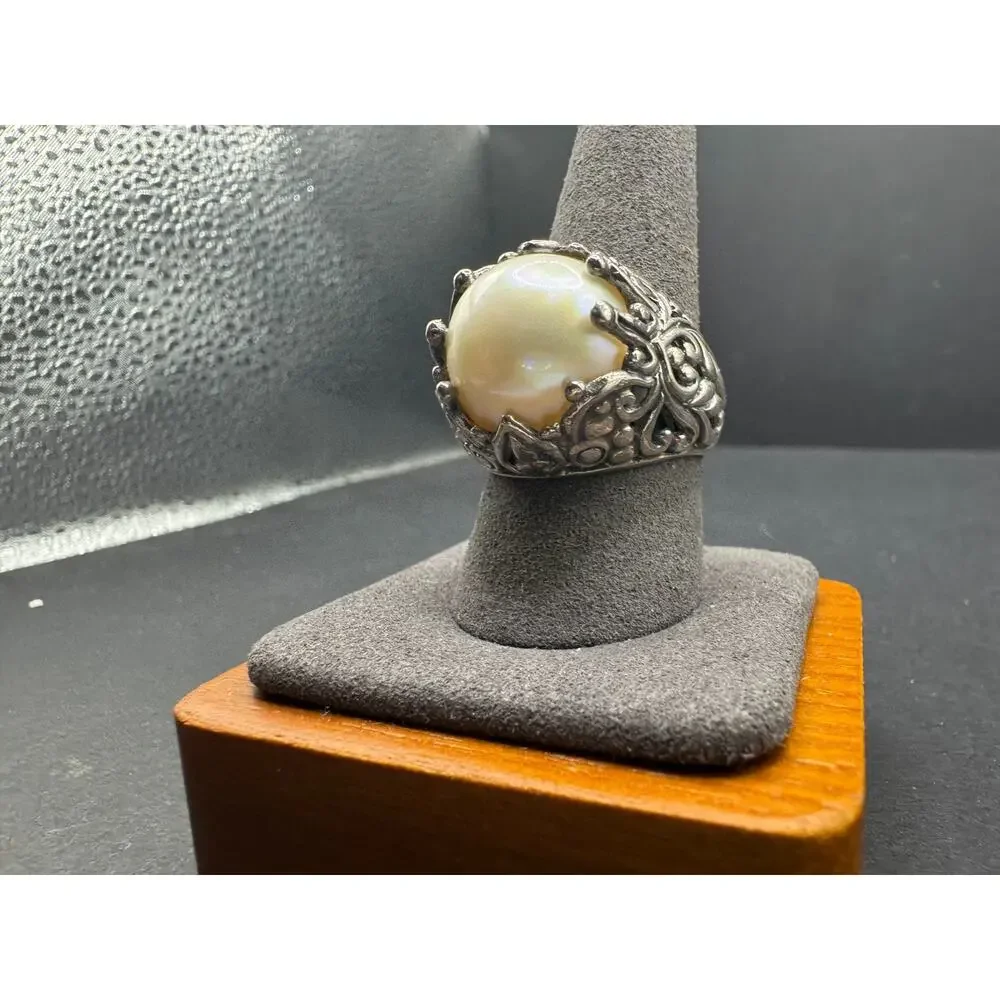 Vintage Sterling Silver 925 Mabe Pearl Statement Filigree Ring Size 10